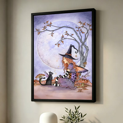 Sorcière d'Halloween avec son chat et une fée sous un arbre, tableau sur toile encadré, cadre marron, 40 x 60 cm