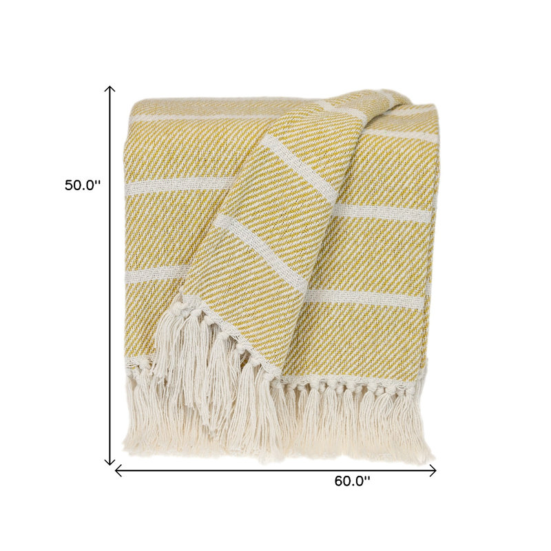 Jeté rayé en coton tissé, Rayé jaune