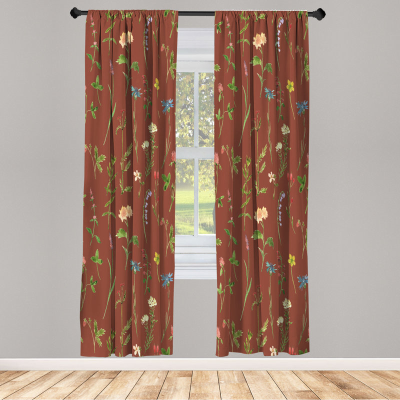 Microfiber Floral Semi-Sheer Rod Pocket Curtain Panels, 28" W x 84" L, Coffee/Yellow