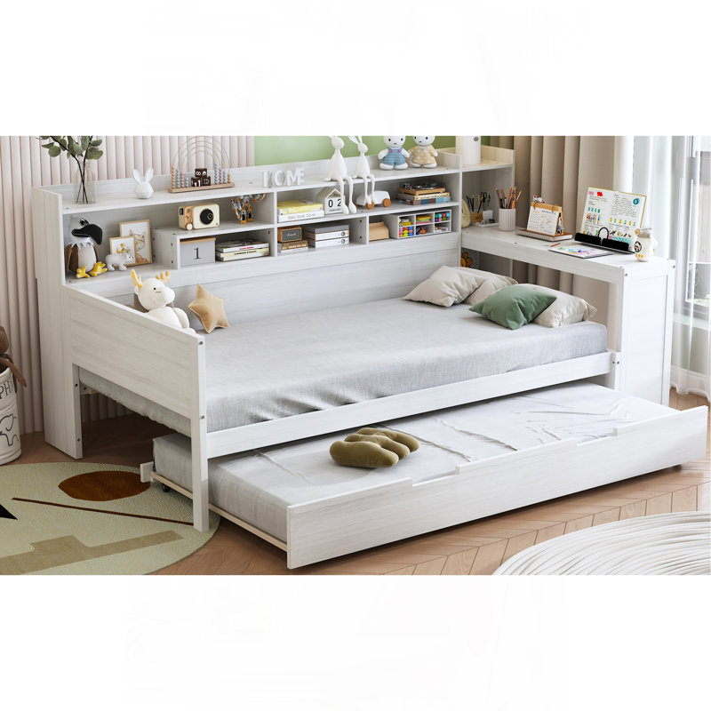 Lit de jour simple en bois avec tablettes de rangement, lit multifonctionnel avec lit gigogne simple et bureau d'étude, blanc antique