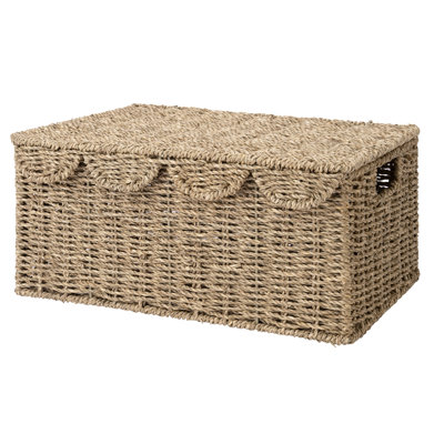 Panier en osier tissé à la main avec couvercle festonné, panier de rangement en algues avec poignées intégrées pour tablettes