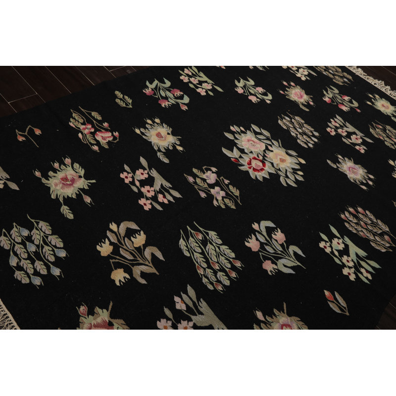 Tapis traditionnel kilim sauge noir en laine tissé à la main 6 x 9