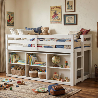 Twin Size White Loft Bed | 6 Extra-Large Open Shelves & Cozy Pass-Through Space
