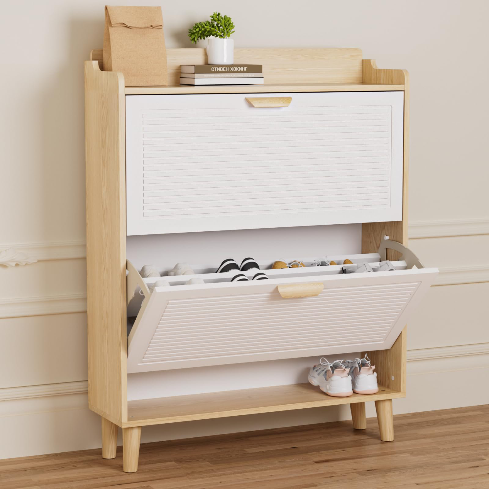 Meuble à Chaussures Bohème Blanc 2 Tiroirs En Rotin Poignets Noirs - Meuble à Chaussures