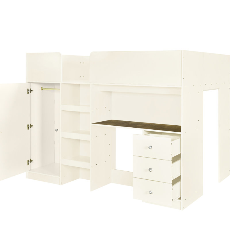 Lit mezzanine double beige avec garde-robe, bureau, rangement - tiroirs de qualité et excellent