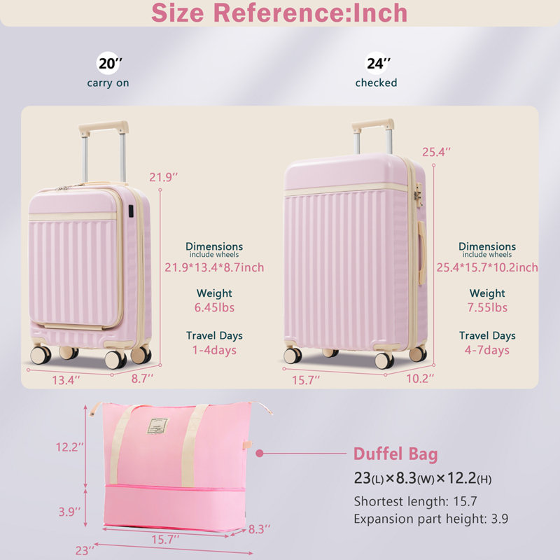 Ensemble de bagage à ouverture frontale 3 pièces, valise de transport rigide avec port USB, bagage extensible avec poignée et roulettes à verrou TSA