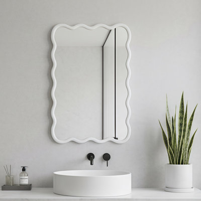 Miroir de salle de bain suspendu rectangulaire ondulé 20 po x 30 po, pour chambre à coucher, salle de bain, salon, miroir de meuble-lavabo mural en verre pour hall d'entrée, blanc
