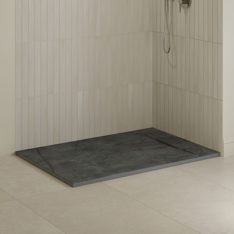 Receveur de douche rectangulaire extra-plat Lenora 122 cm x 81 cm avec bonde latérale dissimulée en calcaire cimenté, Grey