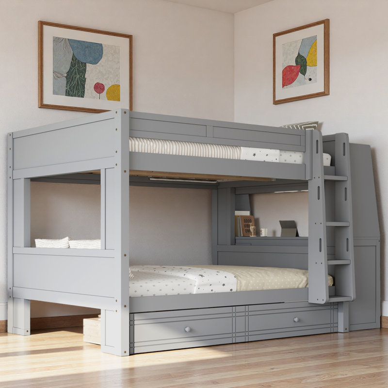 Lit superposé multifonctionnel avec bureau, étagères et tiroirs, Gris