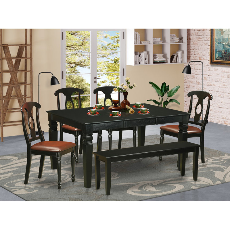6 Piece Dining Table Set Contains a Rectangle Dining Room Table with Butterfly Leaf and 4 Faux Leather Chairs with a Bench, Black