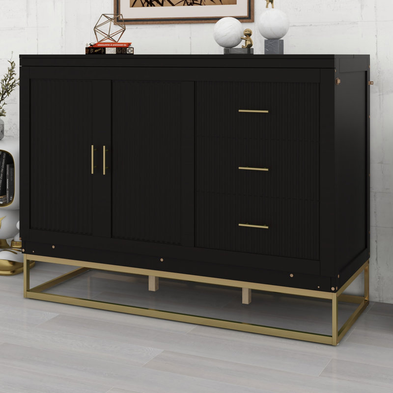 Lit escamotable avec portes d'armoire en bois, faux tiroirs décoratifs et pieds de support stables