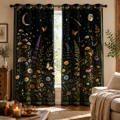 Ensemble de 2 rideaux occultants à imprimé céleste « Jardin enchanté », avec œillets décoratifs à motifs papillons et lune, style floral vintage, pour la chambre à coucher. Décoration intérieure pour la maison.
