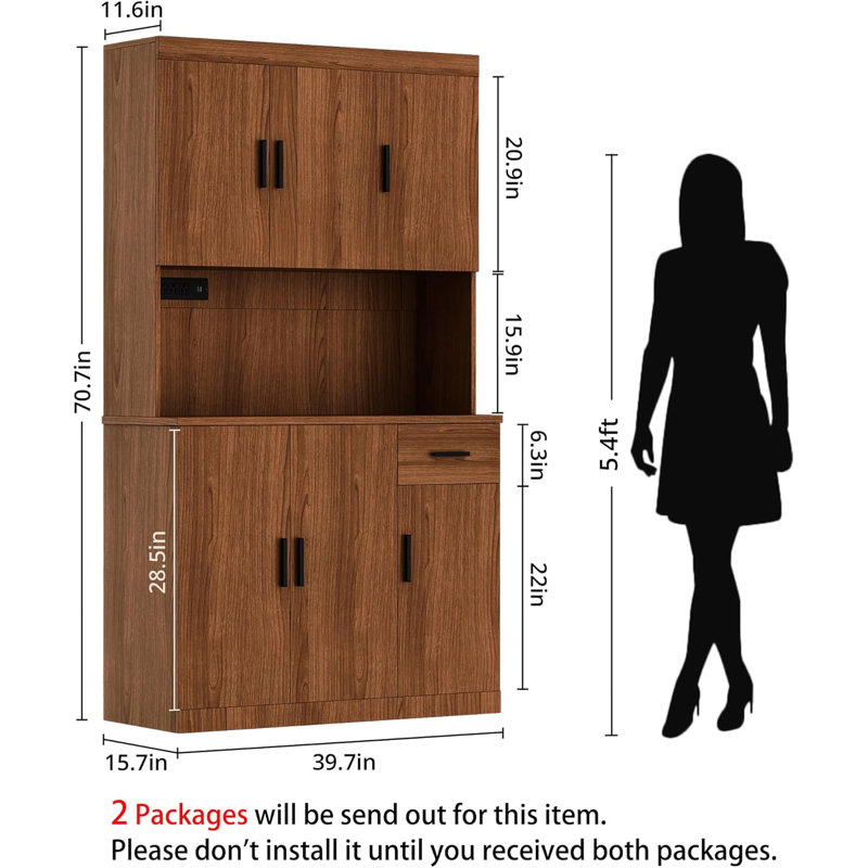 Armoire de cuisine, armoire de rangement de 71 po de hauteur avec prise de courant, huche de cuisine autoportante avec comptoir