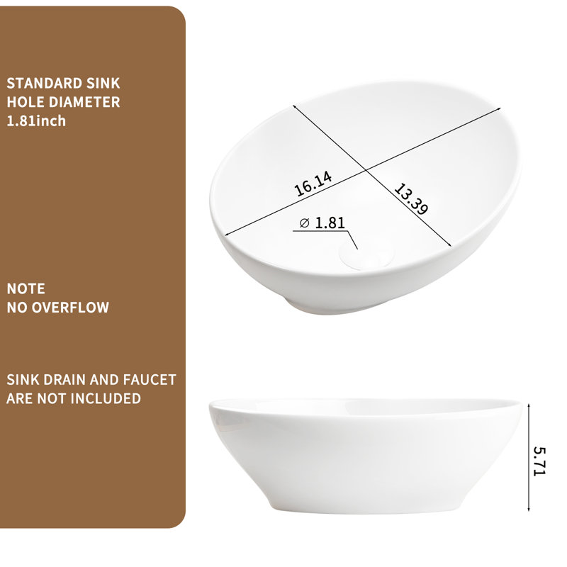 16" X 13" 5.5" White Oval Bathroom Vessel Sink - Simple Design, Build, Quick Installation Countertop Ceramic, Elegant Appearance, Hassle