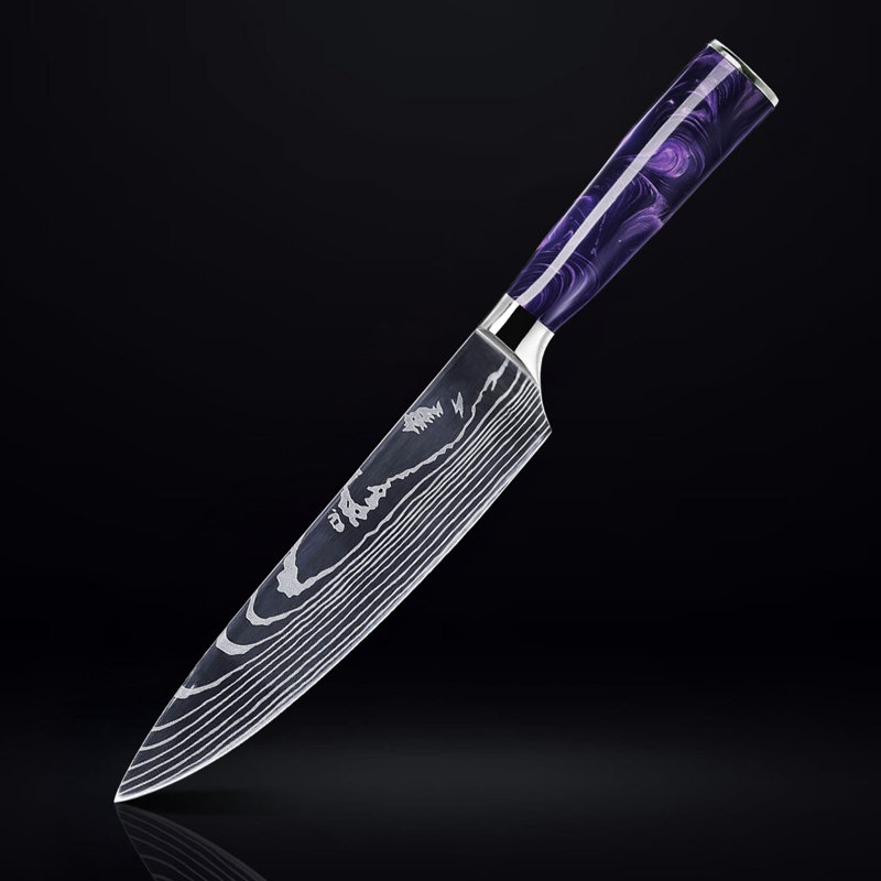 Couteau de chef japonais "Amethyst" 8 "avec poignée en résine mauve et motif de lame de Damas