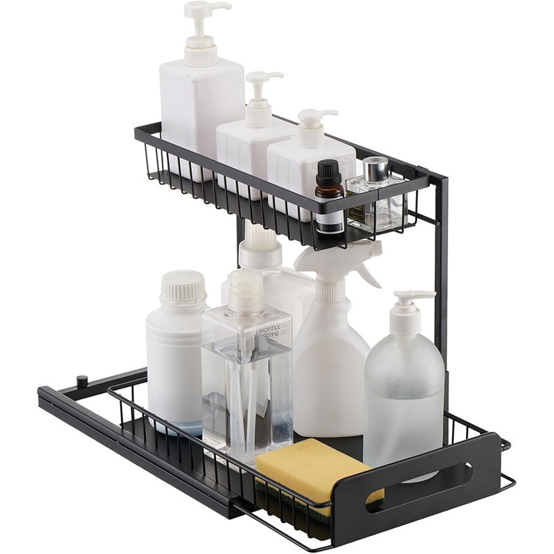 2-Tier Under Sink Pull-Out Cabinet Organizer, Wire Basket Slide-Out Storage For Kitchen Or Bathroom