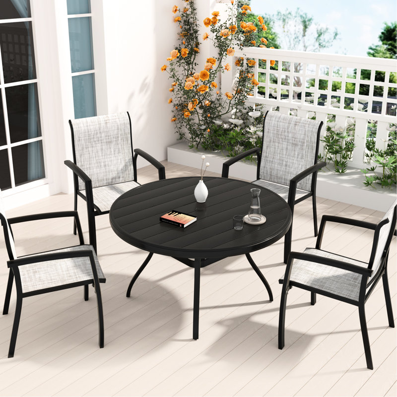 Outdoor Metal Patio Dining With 4 Stackable Chairs, 40.6" Round Table, Seats 4, Modern Style, Black+Grey, Breathable Filler, Ideal For Decks And Gatherings Of 5 Pieces: Chairs Poolside, Weather ,