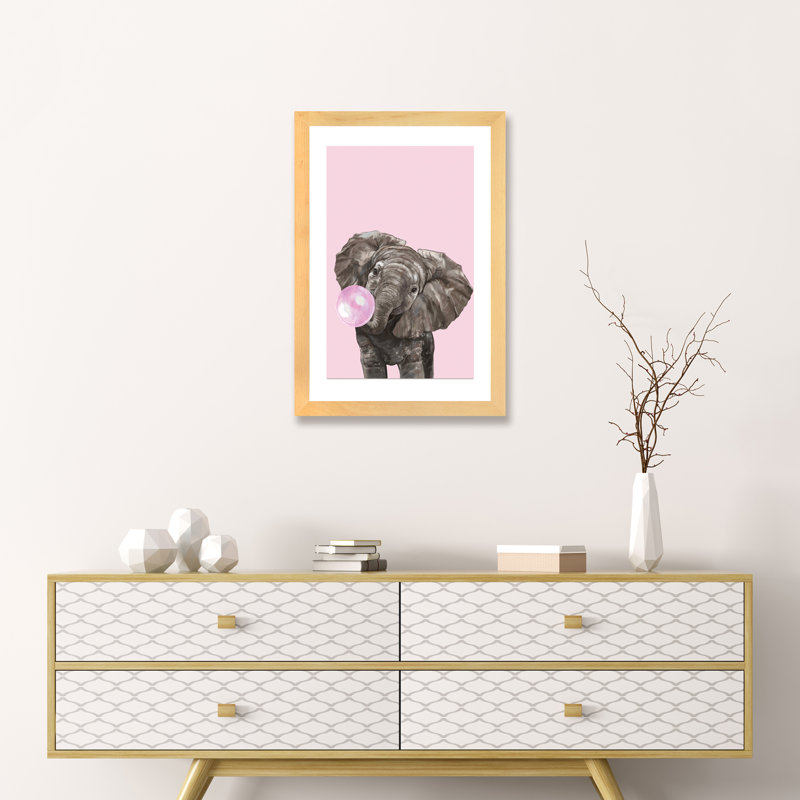 Art d’éléphant de gomme à bulles, H 24 po x l 16 po x P 1 po, Papier encadré naturel