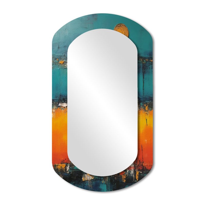 Crosley Abstract blue and orange Sunset s embrace - Minimalism Cylinder Decorative Wall Mirror, Modern Asymmetrical Mirror, Printed Metal Art
