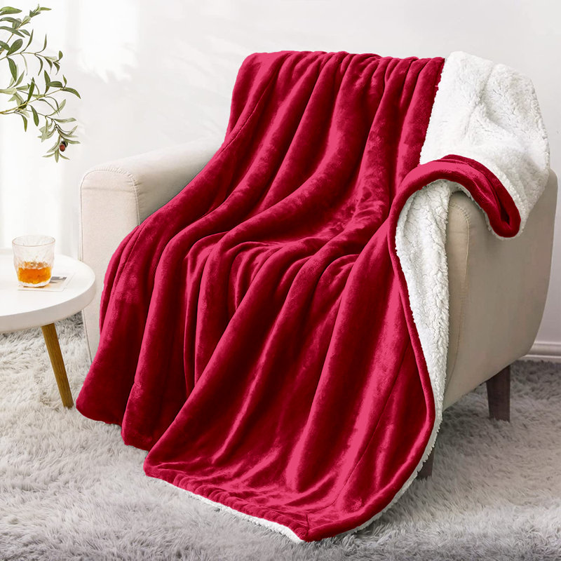 Sherpa Fleece Fur Thick Reversible Blanket Throw, Burgundy, 200cm x 150cm