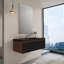 Meuble-lavabo flottant 48 po moderne avec design cannelé, cuve à sable quartz intégrée, pré-assemblé, finition noyer fumé