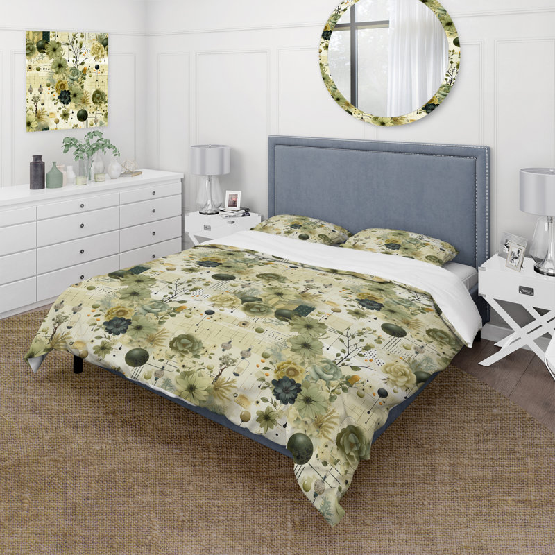 Ensemble de housse de couette Green Botanical Dreams I, Housse de couette pour grand lit et 2 taies décor
