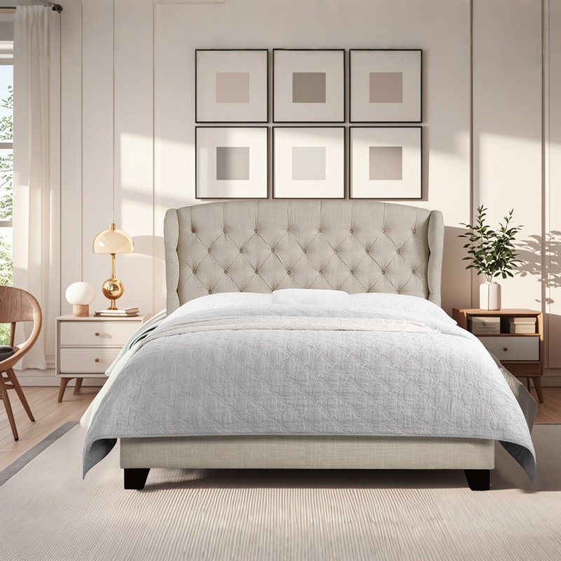 Lit plateforme tapissier Virginia, Beige, Grand lit