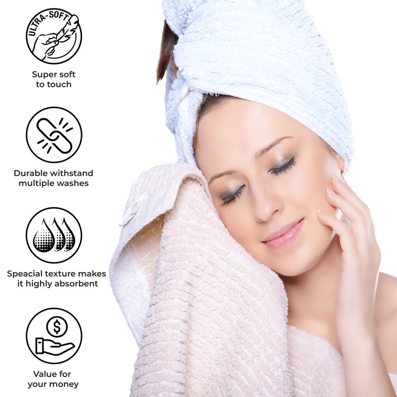 Kaelea Soho Cotton Ribbed Checkered Border Medium Weight 3 Piece Assorted Bathroom Towel Set, Ivory, 3 Piece Towel set