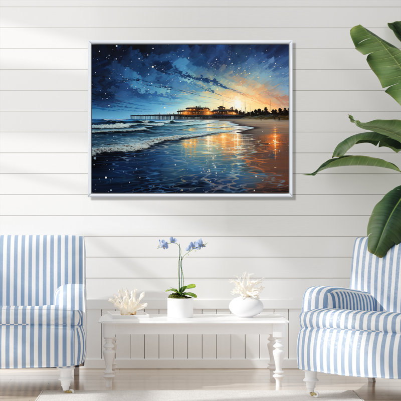 Singita Beach Pier Reflections Pointillism I, H 24 po x l 32 po x P 1 po, Cadre flottant blanc