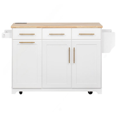 59.3" Kitchen Island with Storage 2 Pull Out Cabinet Organizers & Rubber Wood Drop Leaf, Rolling Kitchen Island with Trash Can Storage, Power Outlet, Spice & Towel Rack for Kitchen, Dining