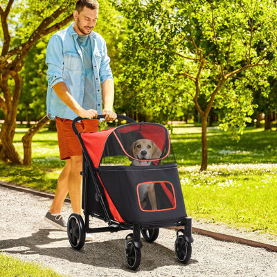 Foldable Dog Stroller For Big Dogs, Red, With Storage Pocket And Mesh Panels Air Circulation Red Medium Large Canines, One-click Fold, Comfortable Grip Handle, Windows, Area