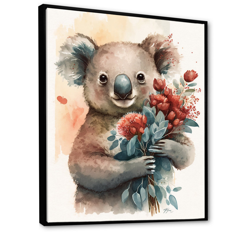 Koala Bear Love tenant des fleurs - reproduction sur toile, L 12 po x H 20 po, Toile avec cadre flottant noir