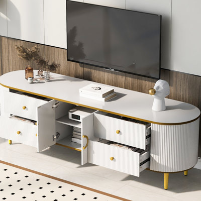 Luxurious Tv Cabinet With 4 Drawers And 1 Cabinet, White Metal, Accommodates Up To 80 Inch Tvs Chic Stand For Living Room, , Metal Legs Handles, Tv, Piece