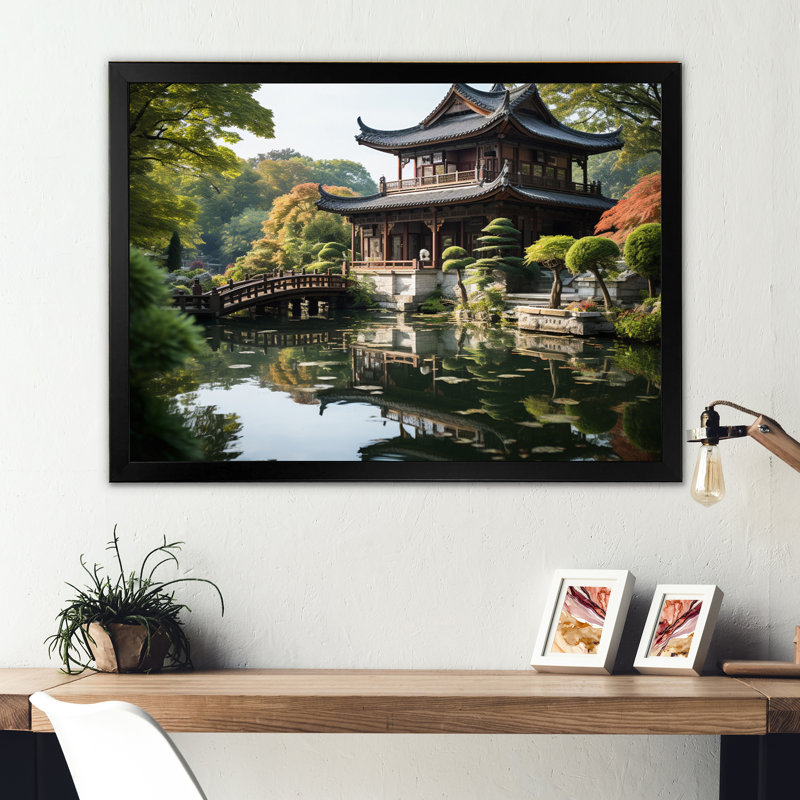 Asian Art Serene Pagoda I, reproduction d'art sur toile, H 24 po x l 32 po x P 1 po, Cadre simple noir