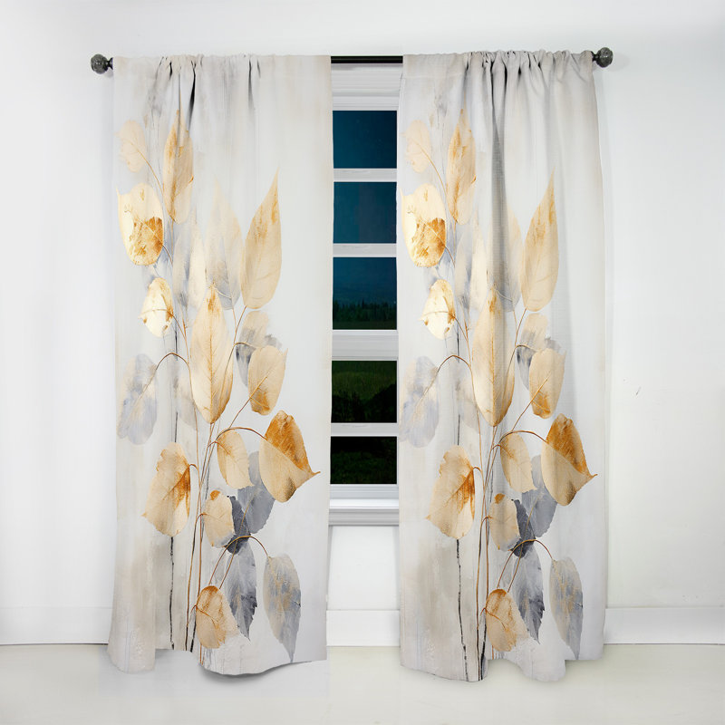 Gold Minimalism Leaves Collage II - Leaves Curtain - Room Darkening Floral Curtain - 1 Panels, 52" W x 63" L