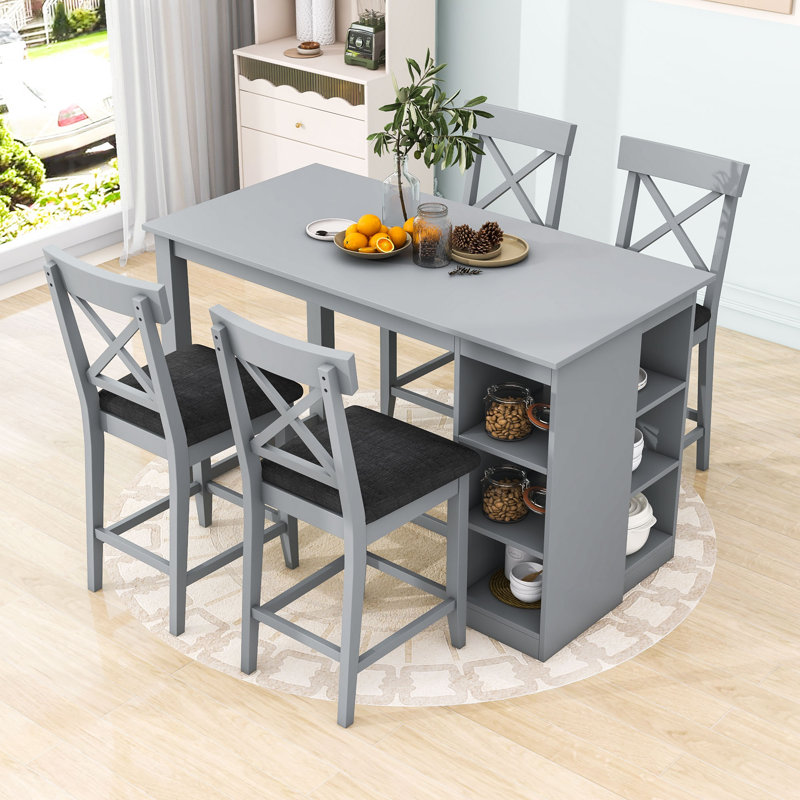 5Pcs Dining Set with Counter Height Table, 4 Upholstered Chairs and Built-In Storage Shelves, Grey