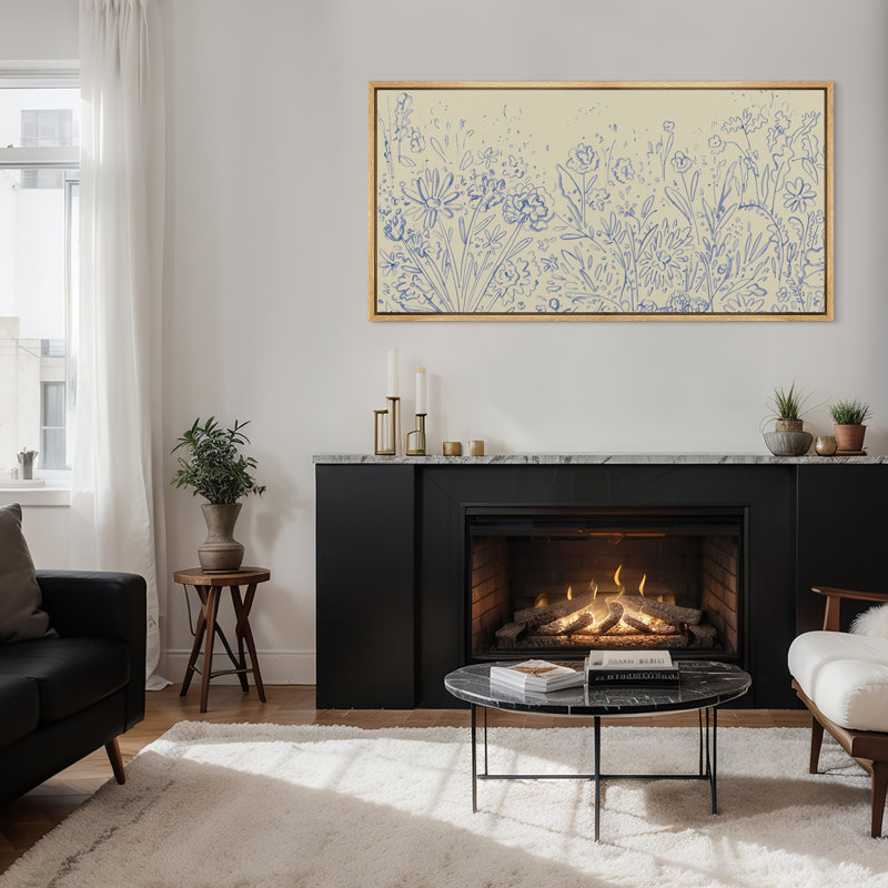 «Blue Botanical Line Art», toile encadrée - fond beige avec croquis floraux, Naturel, H 30 po x l 60 po