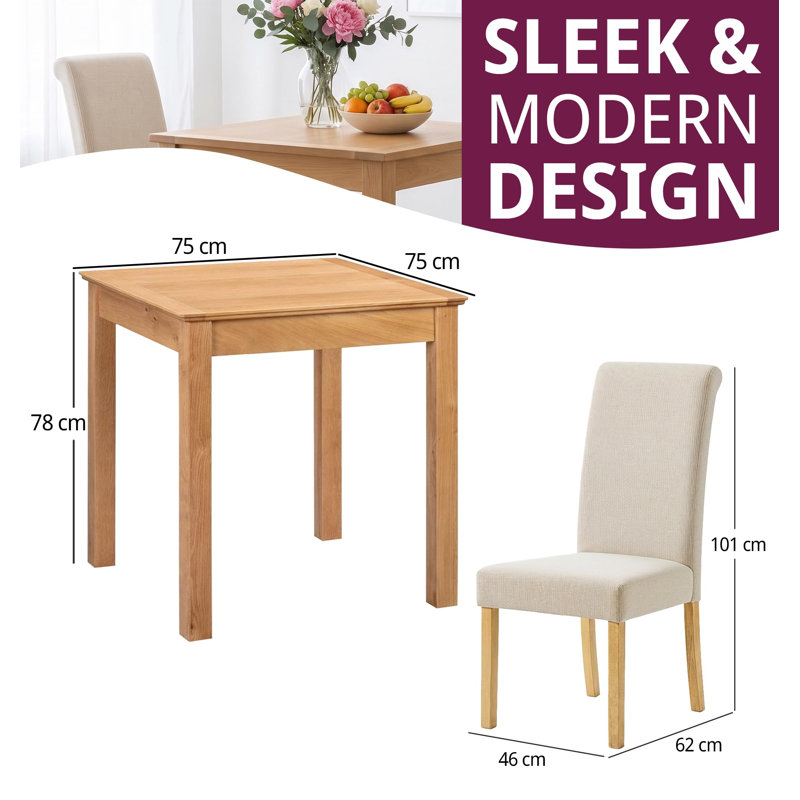 Small Dining Set with Cream Roll Top Upholstered Chairs, 3 Pieces: Table, 2 Chairs