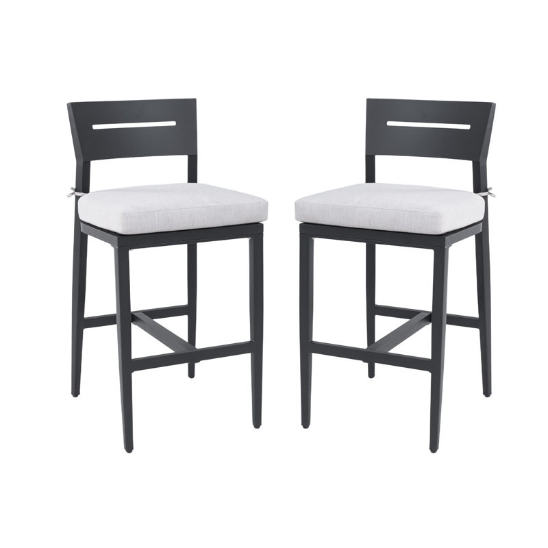Set of 2 Modern Outdoor Bar Stools  Aluminum Frame /Ergonomic Backrest & Sunbrella Cushions