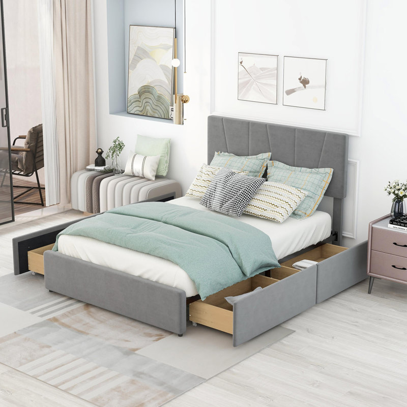 Lit Upholstedry Platm avec 4 tiroirs sur 2 têtes de lit réglables, Double