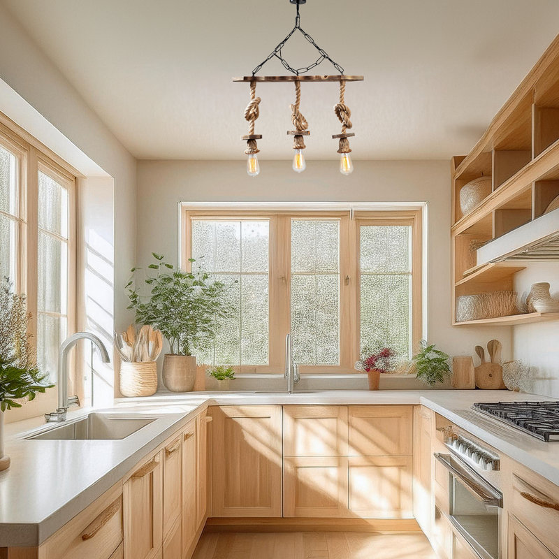 Lustre 3 lumières pour îlot de cuisine en bois avec capuchon en métal