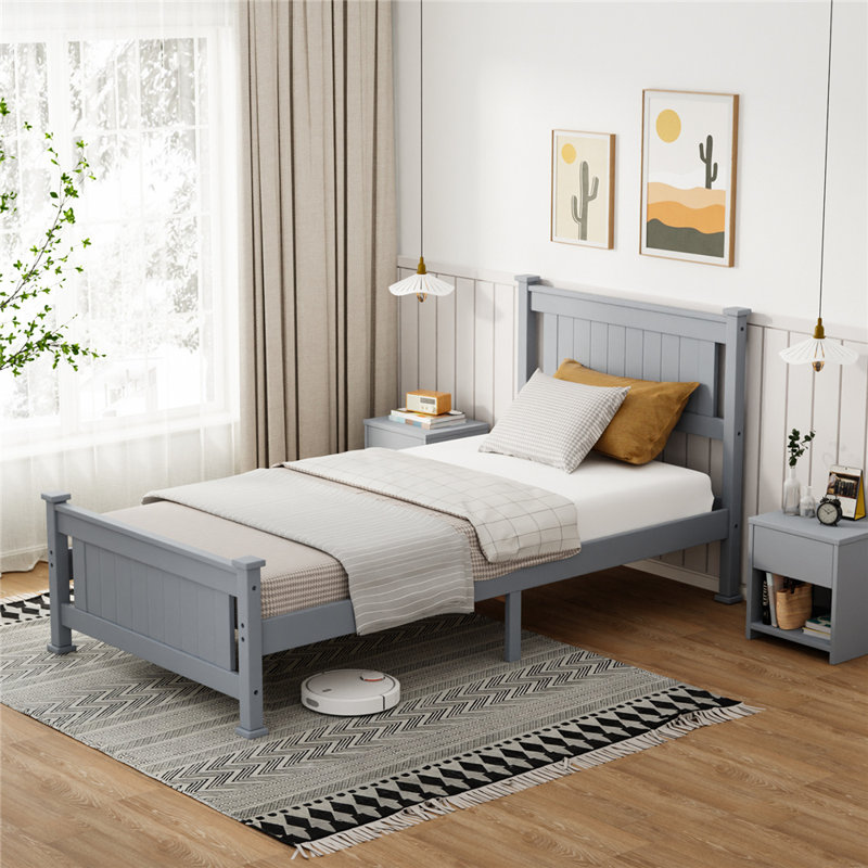 Grey Twin Wood Bed With Headboard