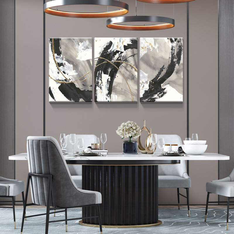 Peinture abstraite noire sur toile, 3 pièces, H 24 po x l 36 po x P 4,5 po