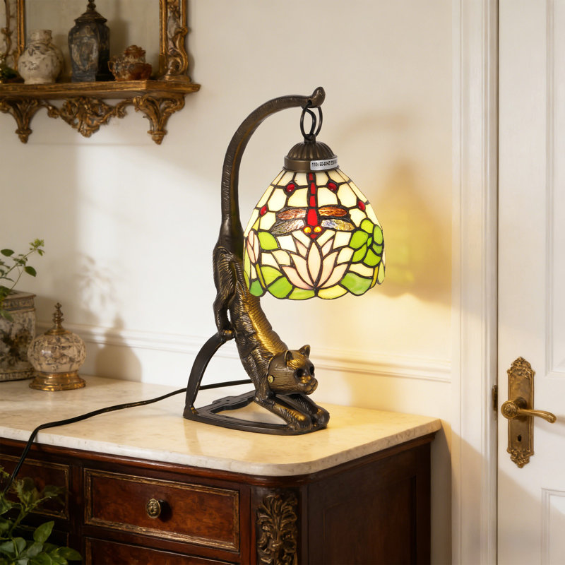 Lampe de table en vitrail de style libellule Tiffany 15,5 "avec base en forme de chat