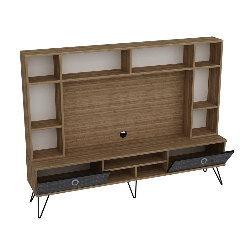 Modern TV Unit with Metal Legs, Walnut & Black Color, 70.9 x 53.4 x 13.9 inches | 100% Melamine Coated Particle Board, 0.7 inches Thickness | 2 Drawers, Numerous Shelves, Wall-Mountable, Stylish & Functional Storage Solution