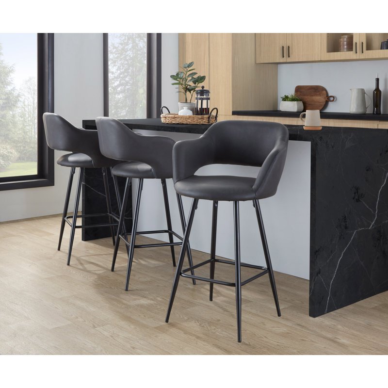 Lake 26" Fixed-Height Counter Stools with Metal Legs & Square Footrest, Gray Faux Leather/Black Frame