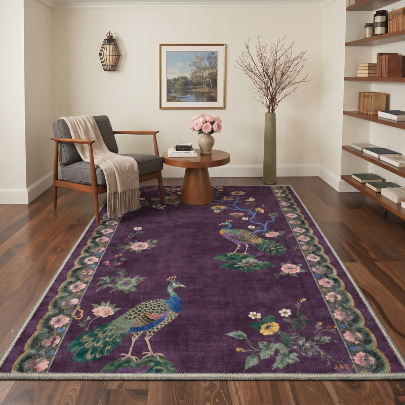 Alfred Peafowl Floral Machine Washable Purple / Green Indoor Area Rug with Non-Slip Backing, Rectangle 8' x 10'
