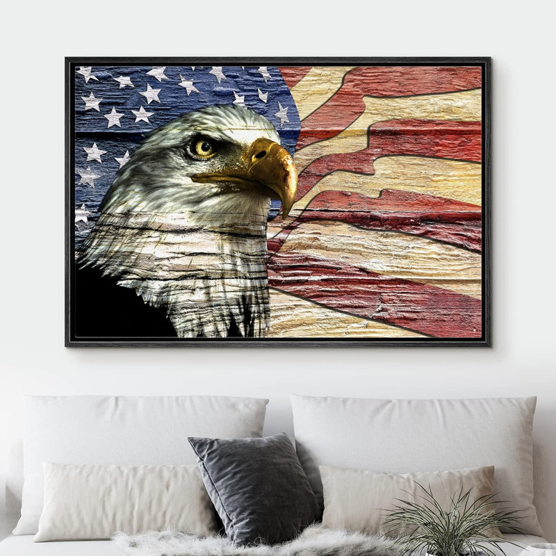 Effet de bois Grain Drapeau américain Aigle à tête blanche Nature Paysage Illustration Maison de campagne, Noir