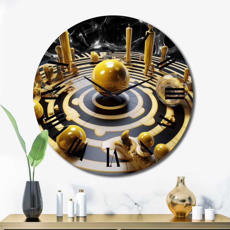 Sphère dorée circulaire futuriste - horloge murale moderne géométrique, Très grand
