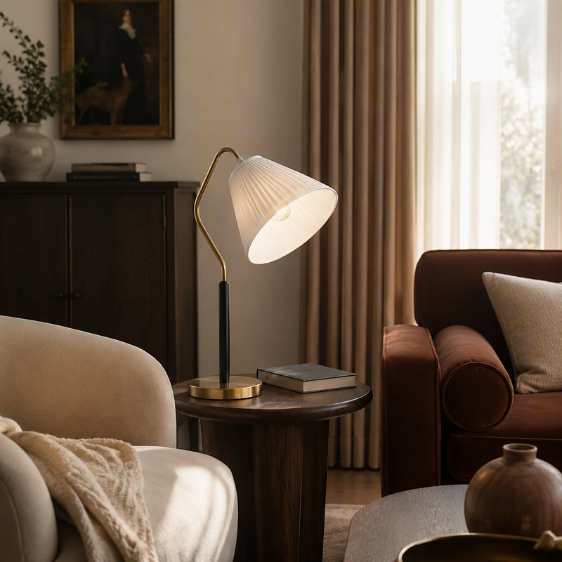 Modern Curved Arm Table Lamp with Handmade White Pleated Fabric Shade
